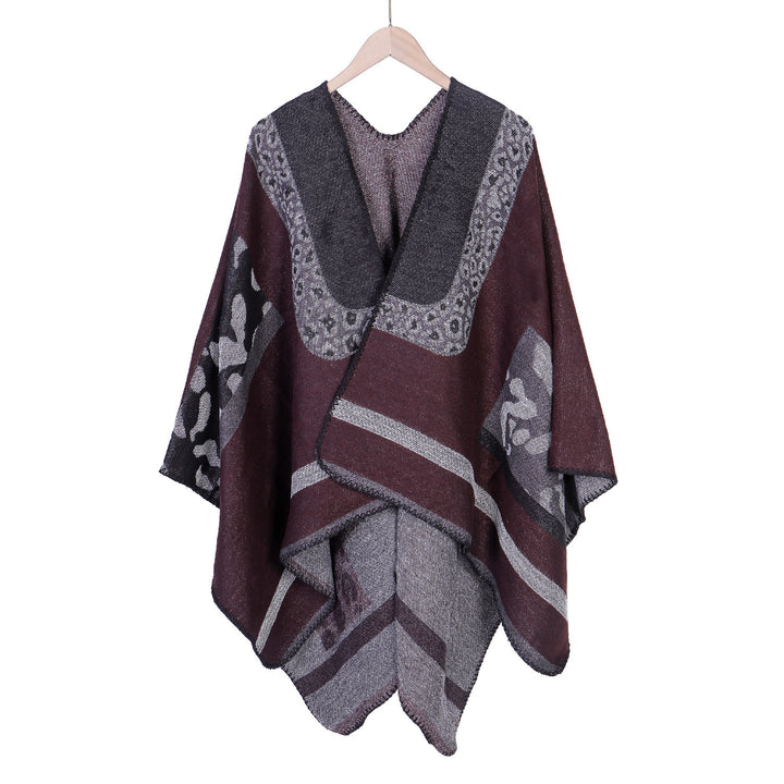 Damen Jacquard-Wollmix Ruana-Poncho mit V-Ausschnitt und Ziernaht Drune