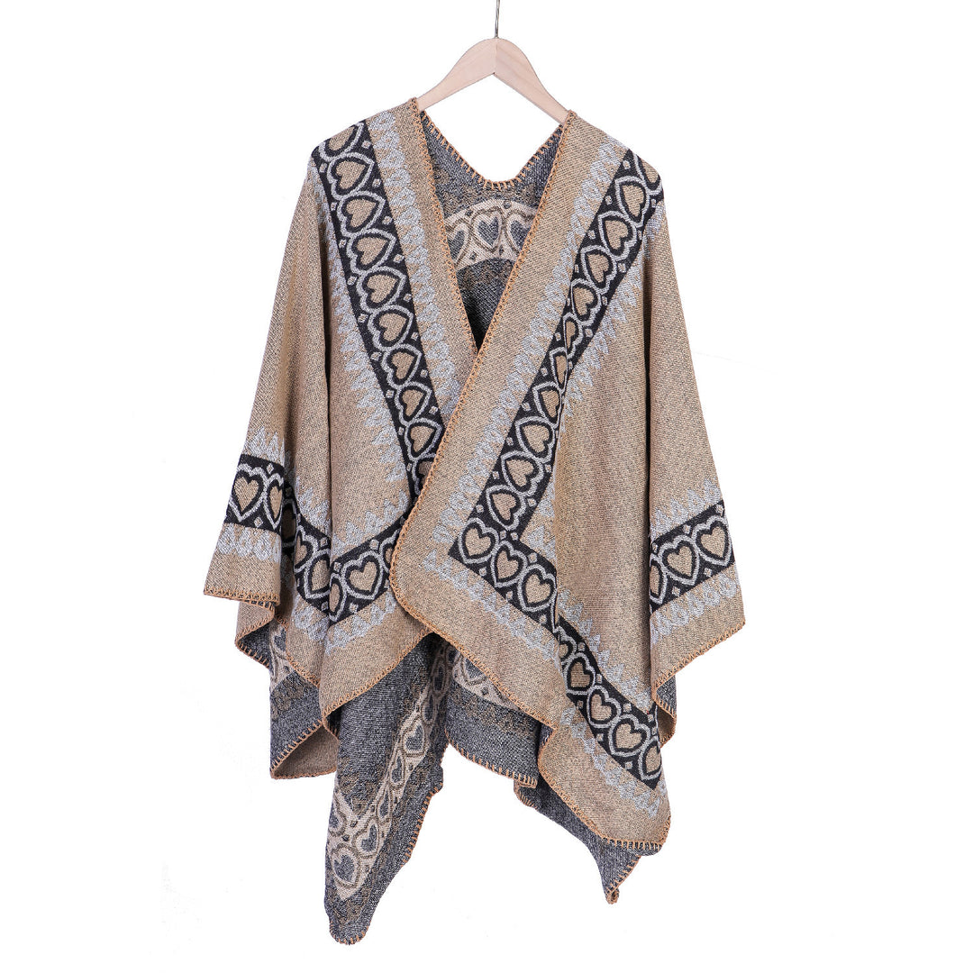 Damen Ruana im Kaschmir‑Touch mit Herz‑Jacquard und offenem V‑Fall Drune