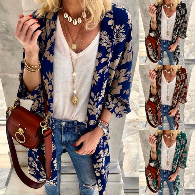 Damen Längerer Leichter Kimono Cardigan mit Floralprint und 3/4-Ärmeln Drune