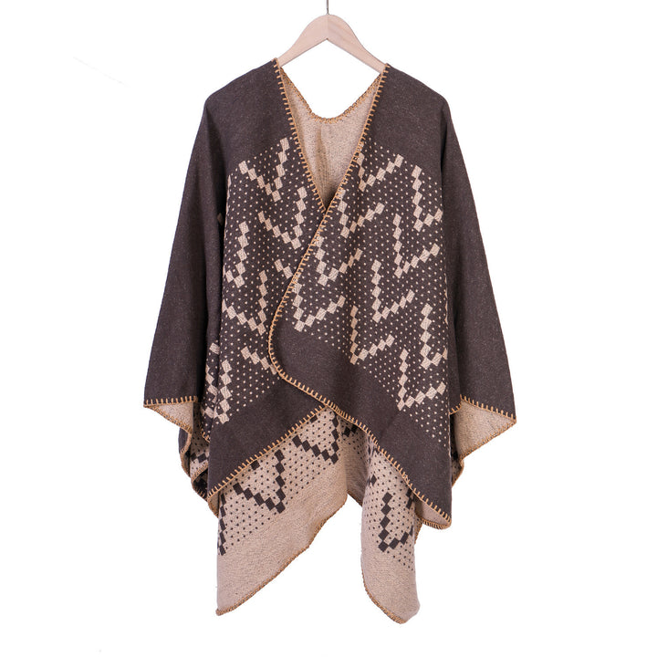 Damen Jacquard-Wickelruana mit geometrischem Muster und offener Kimono‑Silhouette Drune