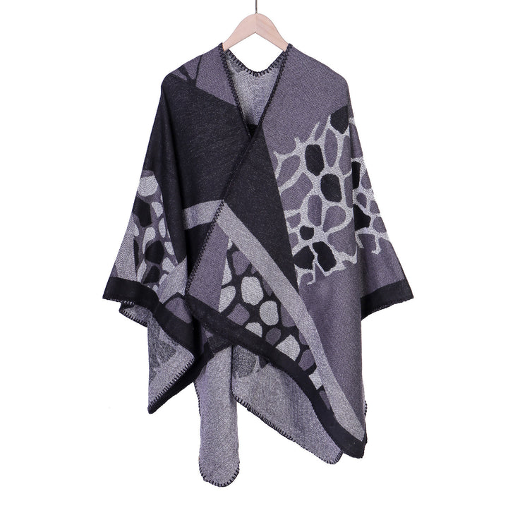 Damen Ruana-Überwurf mit geometrisch-animalischem Jacquard und Ziernaht Drune