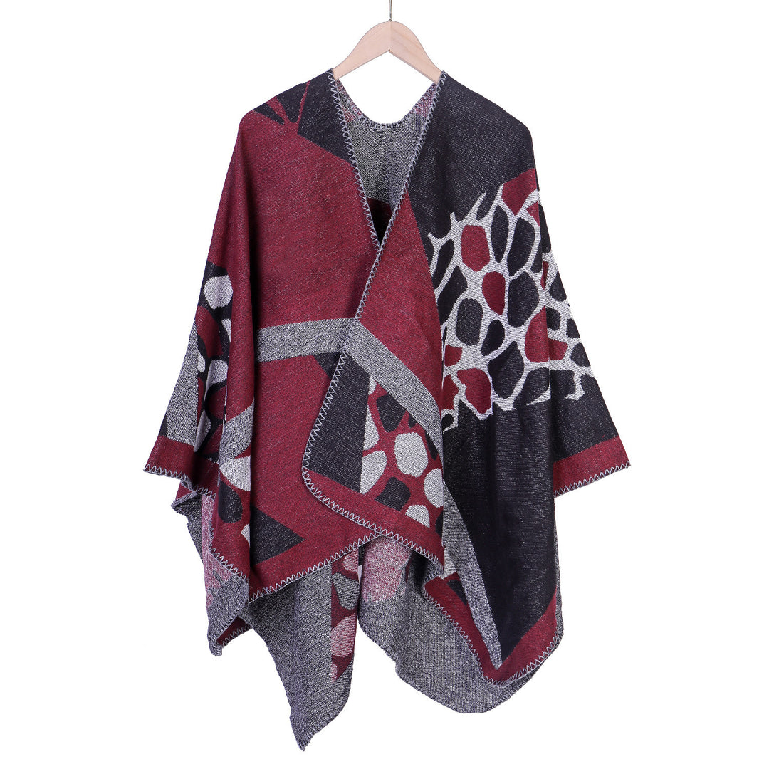 Damen Ruana-Überwurf mit geometrisch-animalischem Jacquard und Ziernaht Drune