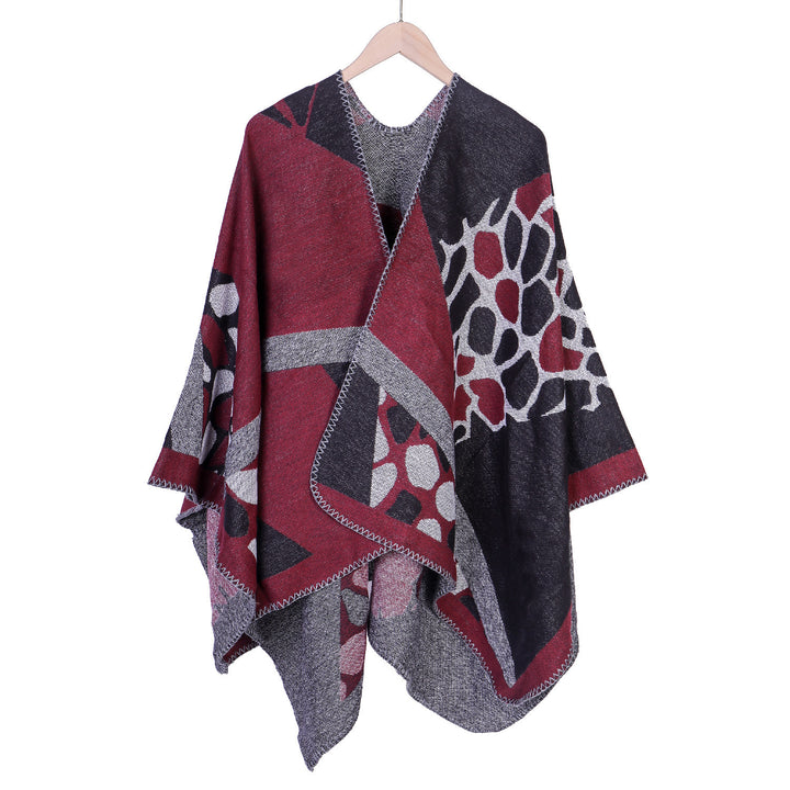 Damen Ruana-Überwurf mit geometrisch-animalischem Jacquard und Ziernaht Drune