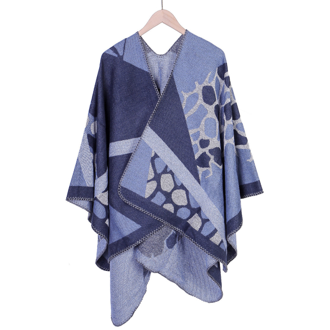 Damen Ruana-Überwurf mit geometrisch-animalischem Jacquard und Ziernaht Drune