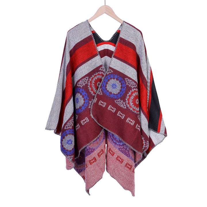 Damen Oversize-Ruana-Poncho mit V-Ausschnitt und ornamentaler Jacquard-Webung Drune