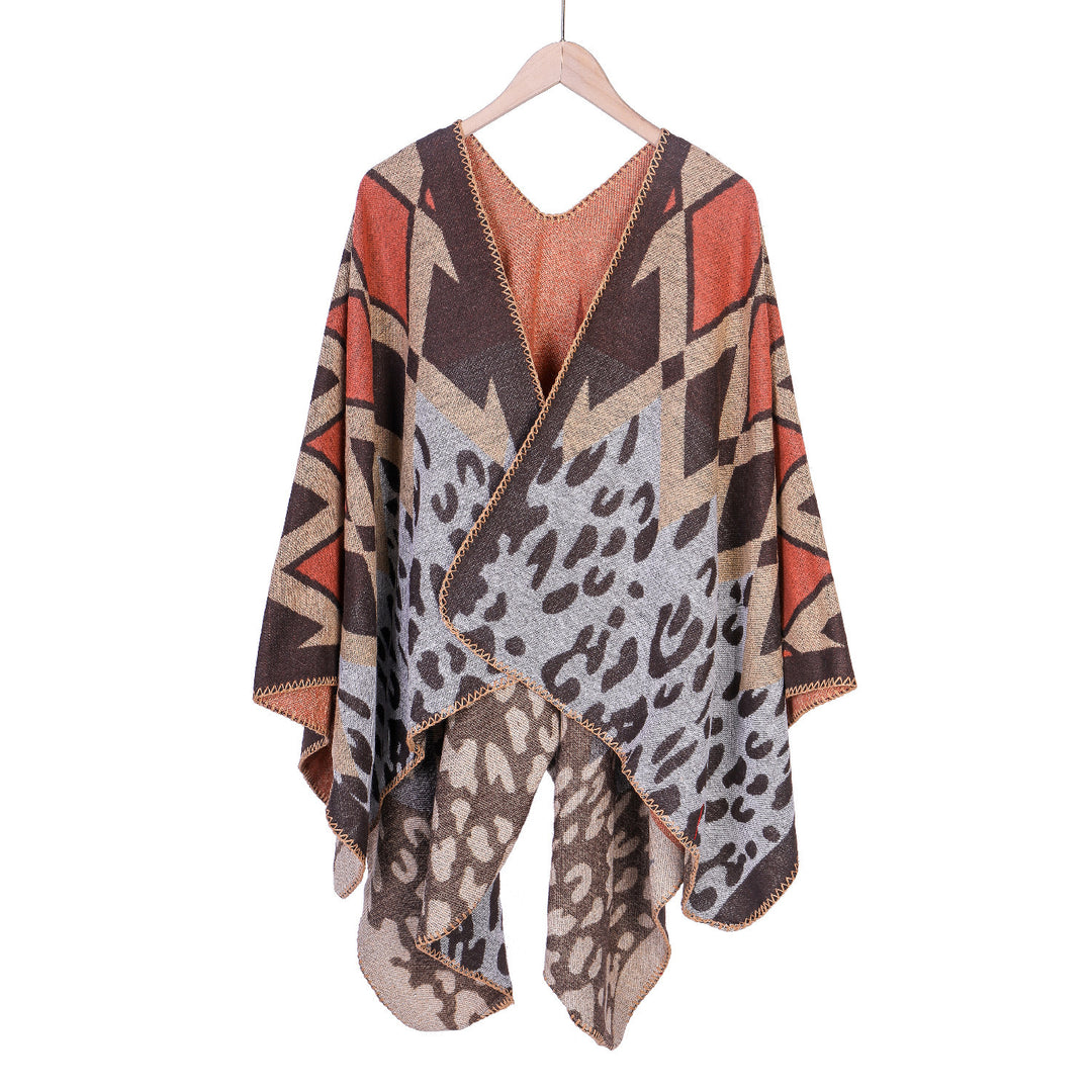 Damen Oversize-Ruana-Poncho mit geometrischem und Animal-Jacquard Drune