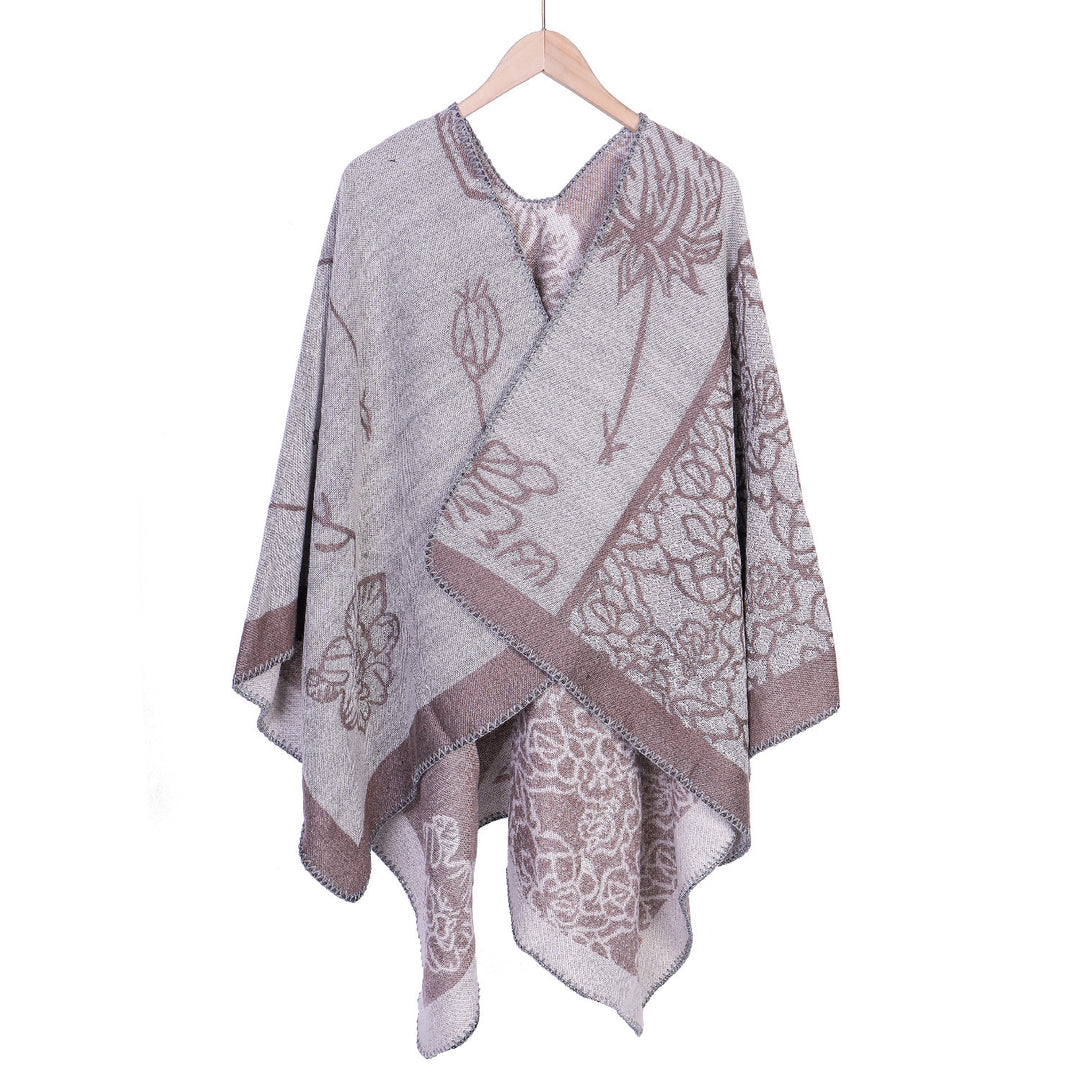 Damen Jacquard-Ruana-Poncho mit V-Ausschnitt und großen floralen & ethnischen Motiven Drune
