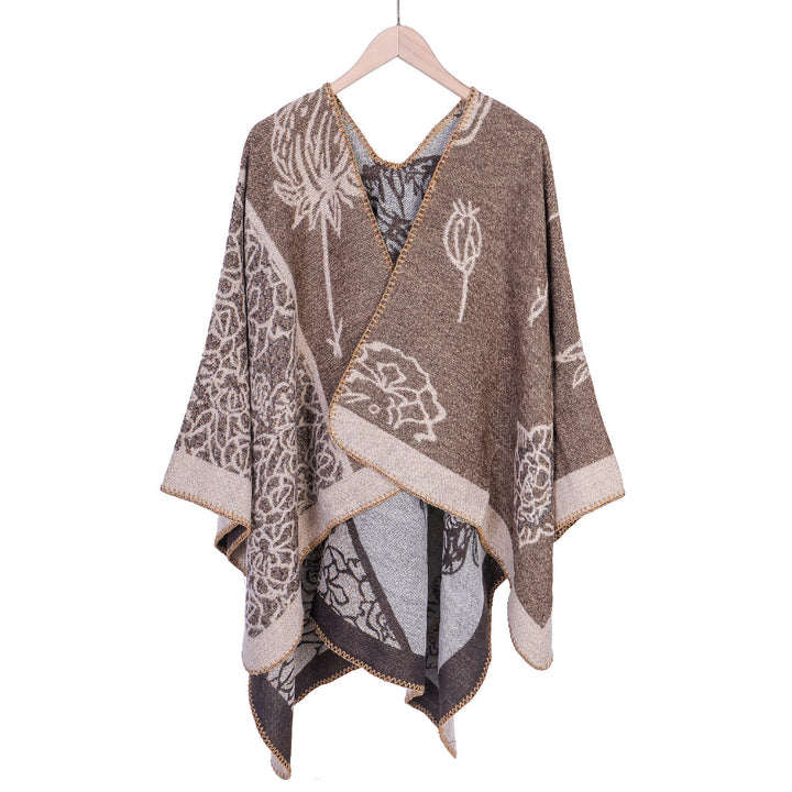 Damen Jacquard-Ruana-Poncho mit V-Ausschnitt und großen floralen & ethnischen Motiven Drune