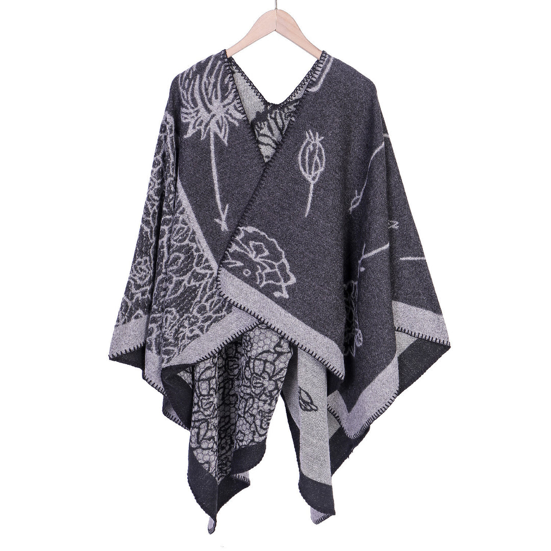 Damen Jacquard-Ruana-Poncho mit V-Ausschnitt und großen floralen & ethnischen Motiven Drune