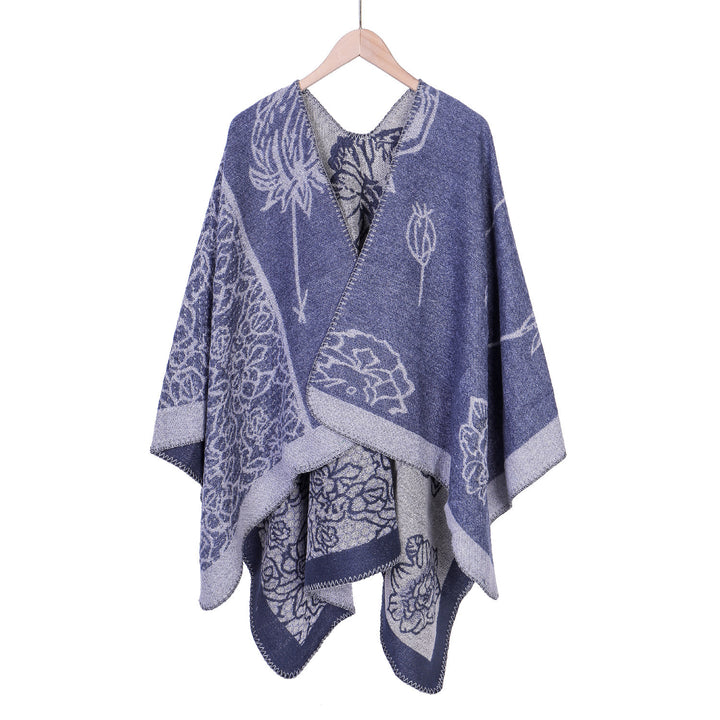 Damen Jacquard-Ruana-Poncho mit V-Ausschnitt und großen floralen & ethnischen Motiven Drune