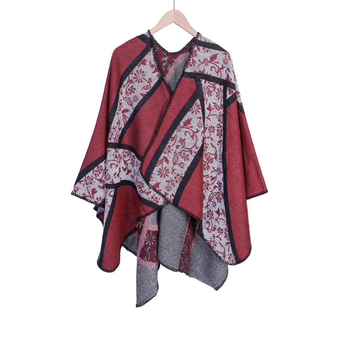 Damen Jacquard-Umhangponcho mit floraler Intarsie und offener Ruana-Silhouette Drune