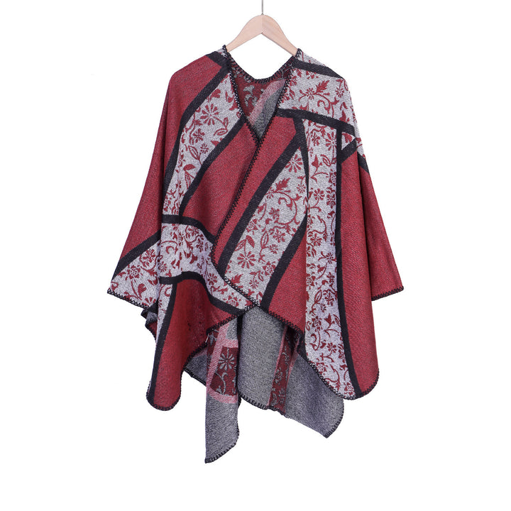 Damen Jacquard-Umhangponcho mit floraler Intarsie und offener Ruana-Silhouette Drune