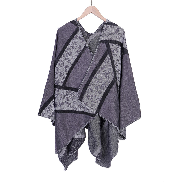 Damen Jacquard-Umhangponcho mit floraler Intarsie und offener Ruana-Silhouette Drune