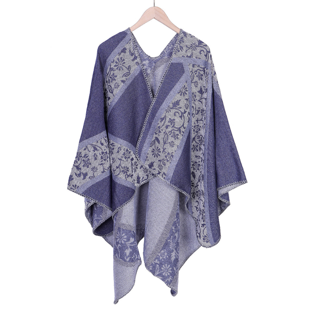 Damen Jacquard-Umhangponcho mit floraler Intarsie und offener Ruana-Silhouette Drune