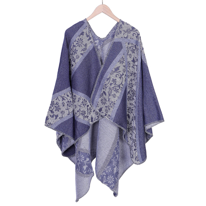 Damen Jacquard-Umhangponcho mit floraler Intarsie und offener Ruana-Silhouette Drune
