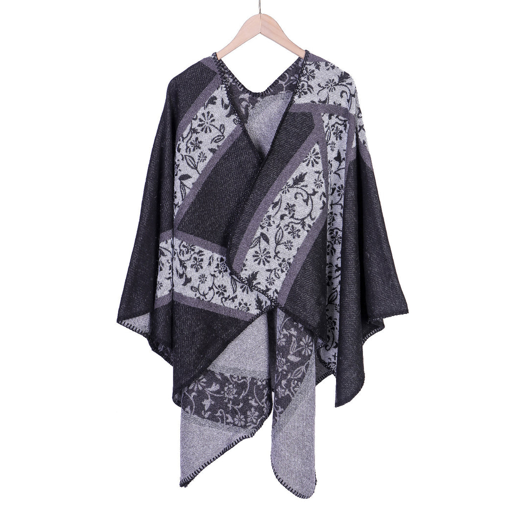 Damen Jacquard-Umhangponcho mit floraler Intarsie und offener Ruana-Silhouette Drune
