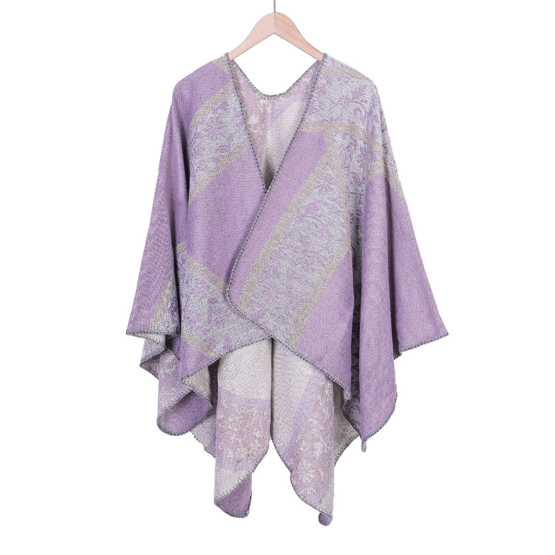 Damen Jacquard-Umhangponcho mit floraler Intarsie und offener Ruana-Silhouette Drune