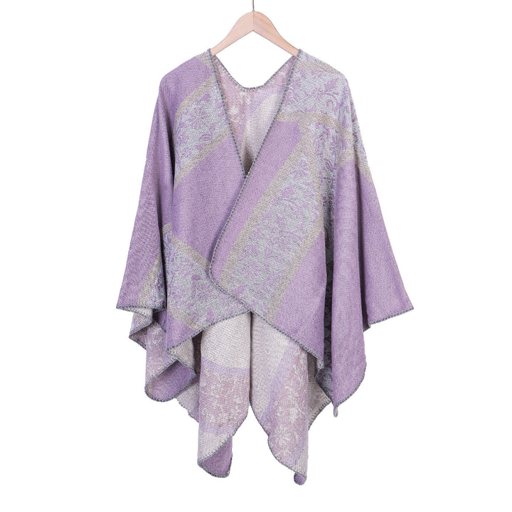 Damen Jacquard-Umhangponcho mit floraler Intarsie und offener Ruana-Silhouette Drune