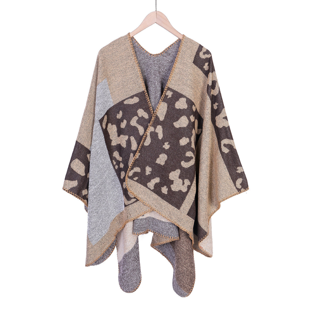 Damen Oversize-Ruana-Poncho aus Wollmix mit Jacquard-Leopardenmuster und offener Vorderseite Drune