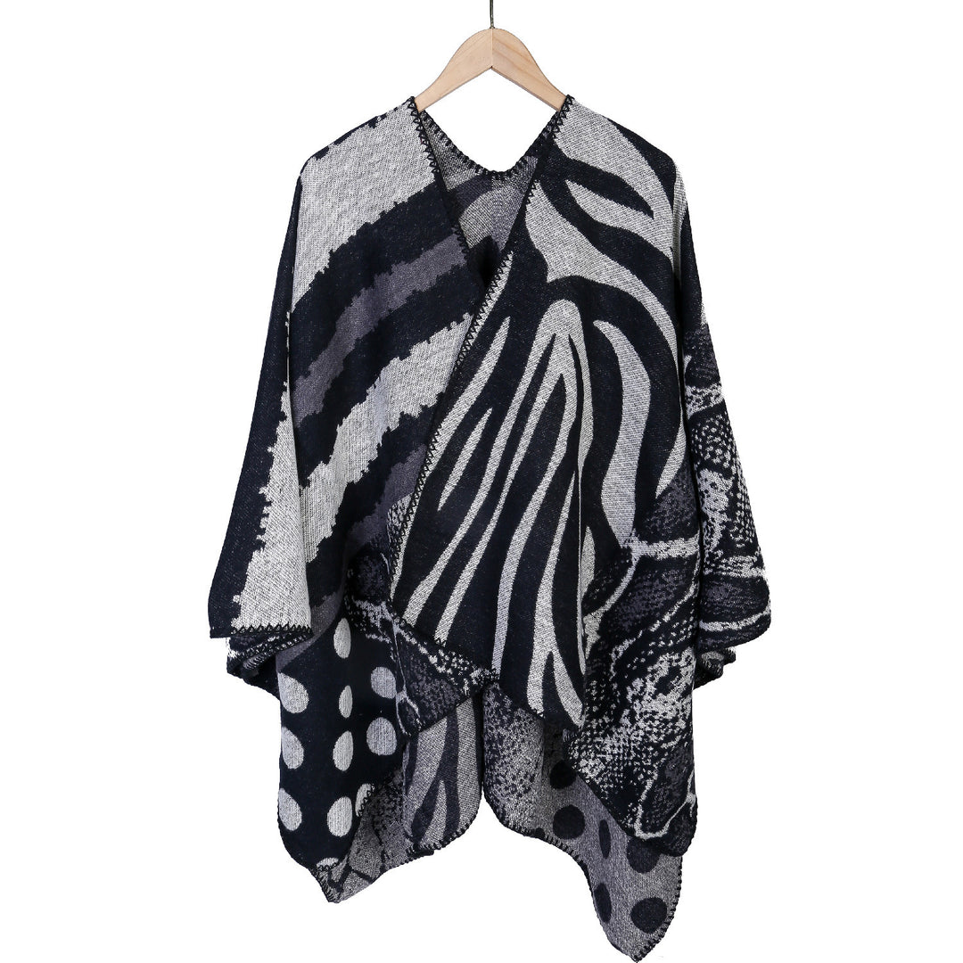 Damen Oversize Strickcape mit abstraktem Animal- und Grafikmuster Drune