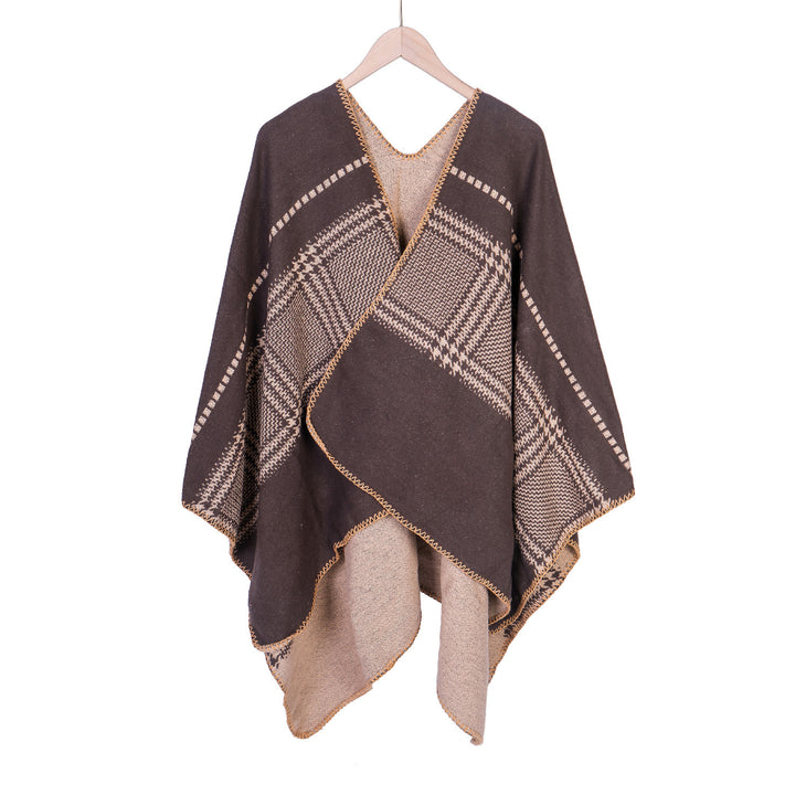 Damen Jacquard-Wollmix-Ruana mit offenem Kimono-Fall und dekorativer Kettelnaht Drune