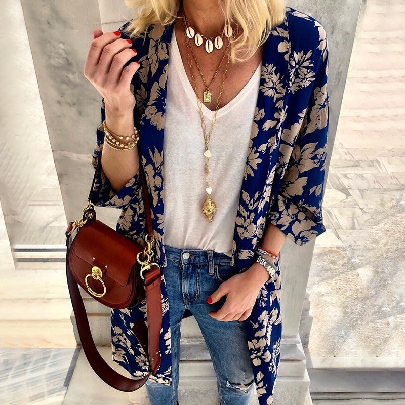 Damen Längerer Leichter Kimono Cardigan mit Floralprint und 3/4-Ärmeln Drune