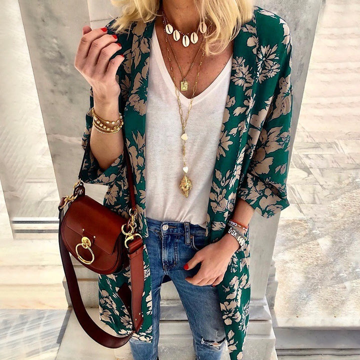 Damen Längerer Leichter Kimono Cardigan mit Floralprint und 3/4-Ärmeln Drune