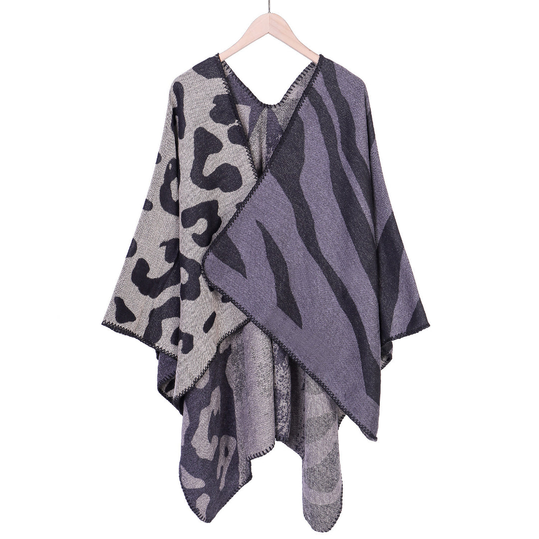 Damen Oversize‑Poncho im Revers‑Stil mit Animal‑Jacquard aus Wollmix Drune