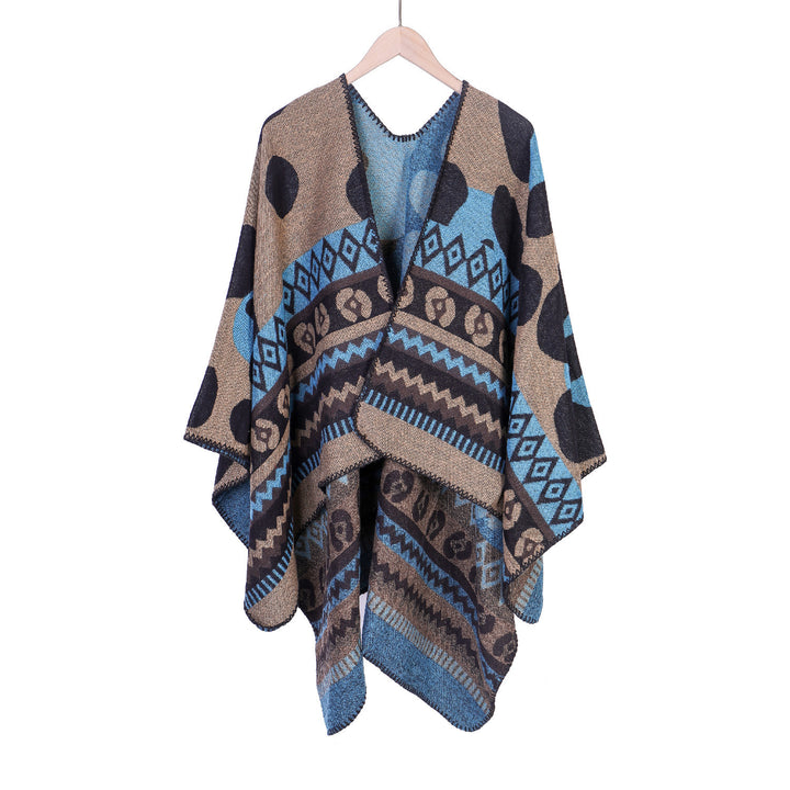 Damen Jacquard-Ruana‑Poncho mit Ethno‑Jacquard und offenem Oversize‑Fall Drune
