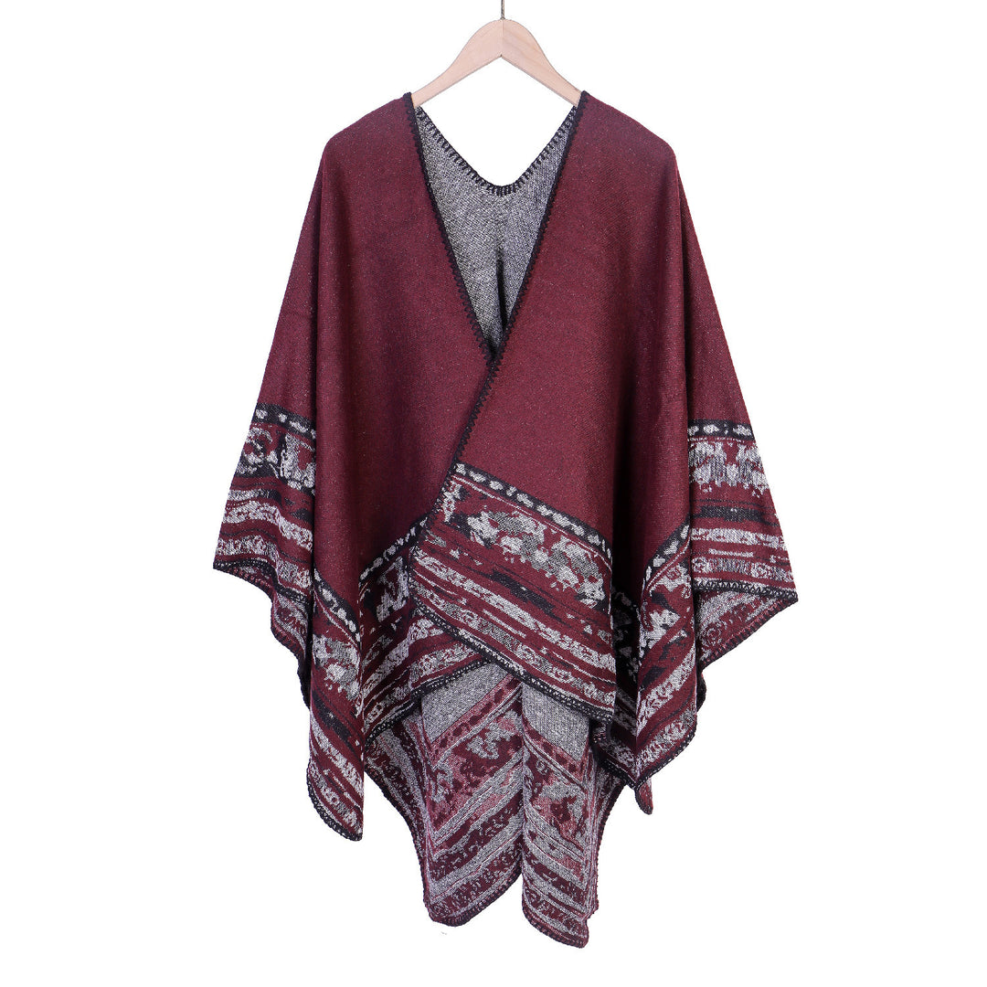 Damen Weichfallende Oversize-Ruana im Umhangstil mit ornamentaler Bordüre Drune