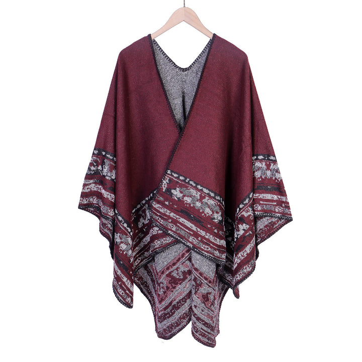 Damen Weichfallende Oversize-Ruana im Umhangstil mit ornamentaler Bordüre Drune