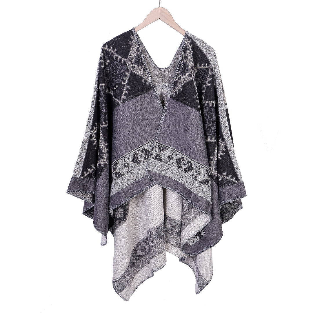 Damen Oversize-Ruana-Poncho aus Jacquardgewebe mit asymmetrischem Zipfelrand und ornamentaler Bordüre Drune
