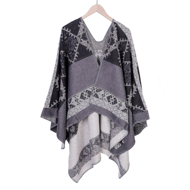 Damen Oversize-Ruana-Poncho aus Jacquardgewebe mit asymmetrischem Zipfelrand und ornamentaler Bordüre Drune