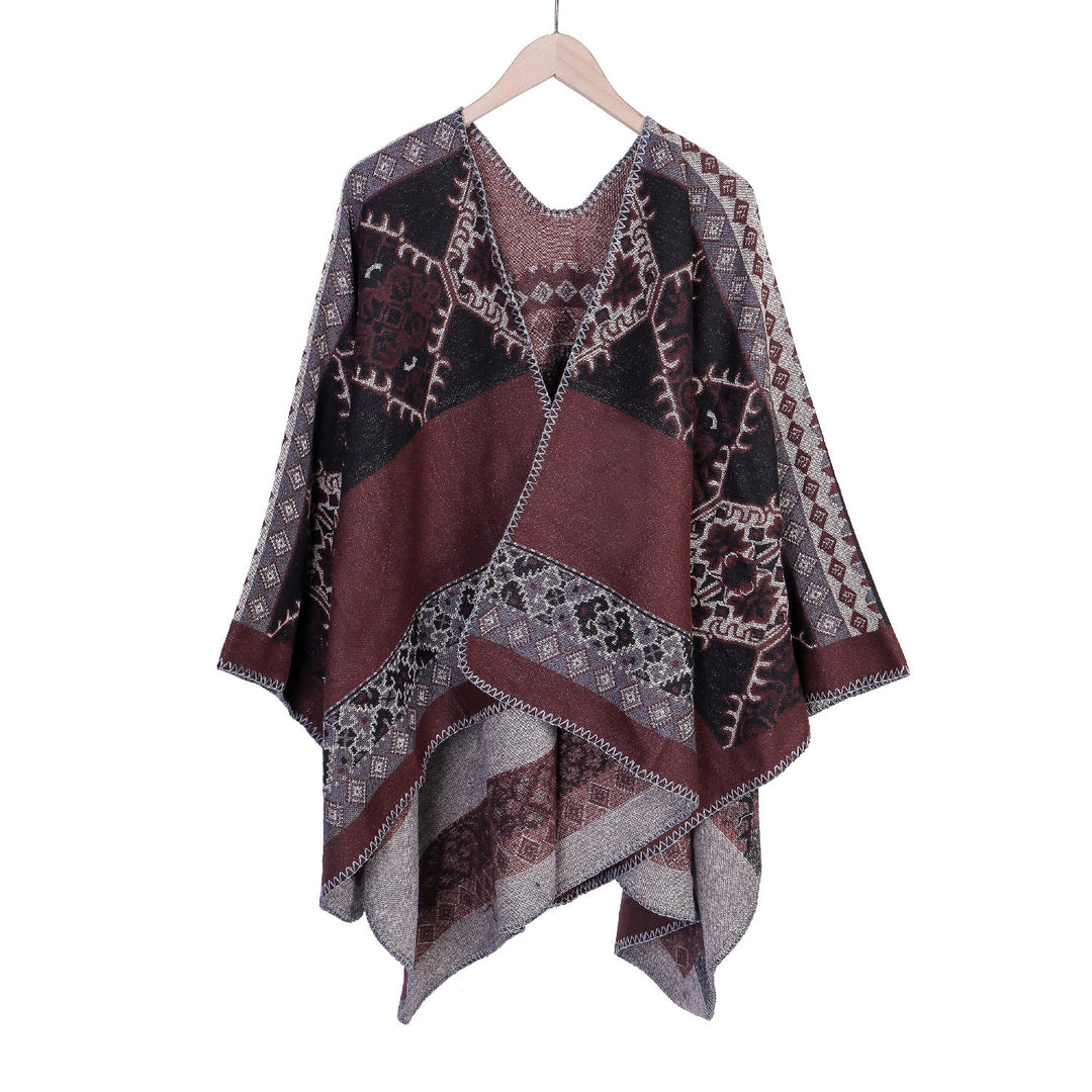 Damen Oversize-Ruana-Poncho aus Jacquardgewebe mit asymmetrischem Zipfelrand und ornamentaler Bordüre Drune