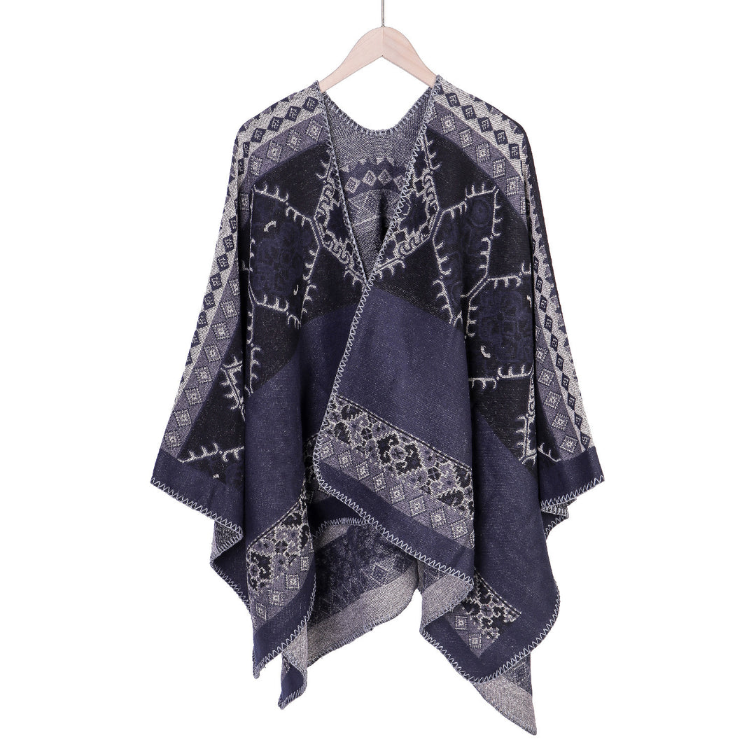 Damen Oversize-Ruana-Poncho aus Jacquardgewebe mit asymmetrischem Zipfelrand und ornamentaler Bordüre Drune