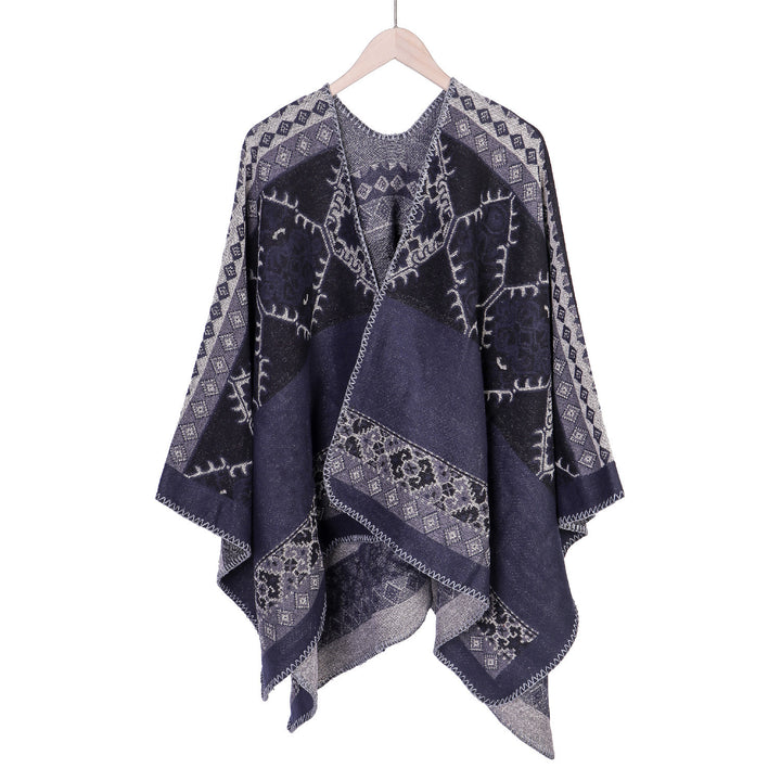 Damen Oversize-Ruana-Poncho aus Jacquardgewebe mit asymmetrischem Zipfelrand und ornamentaler Bordüre Drune