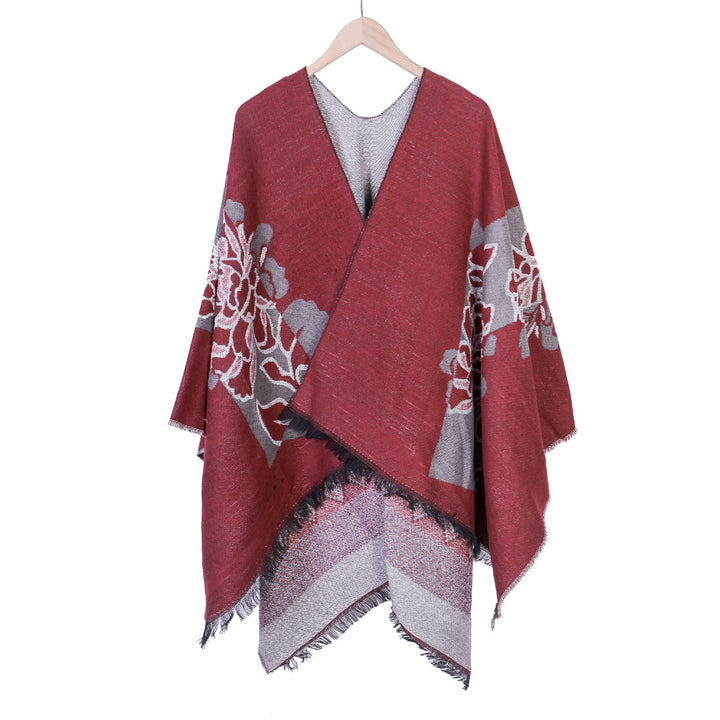 Damen Jacquard‑Ruana mit floralem Motiv, doppellagig und Fransensaum Drune