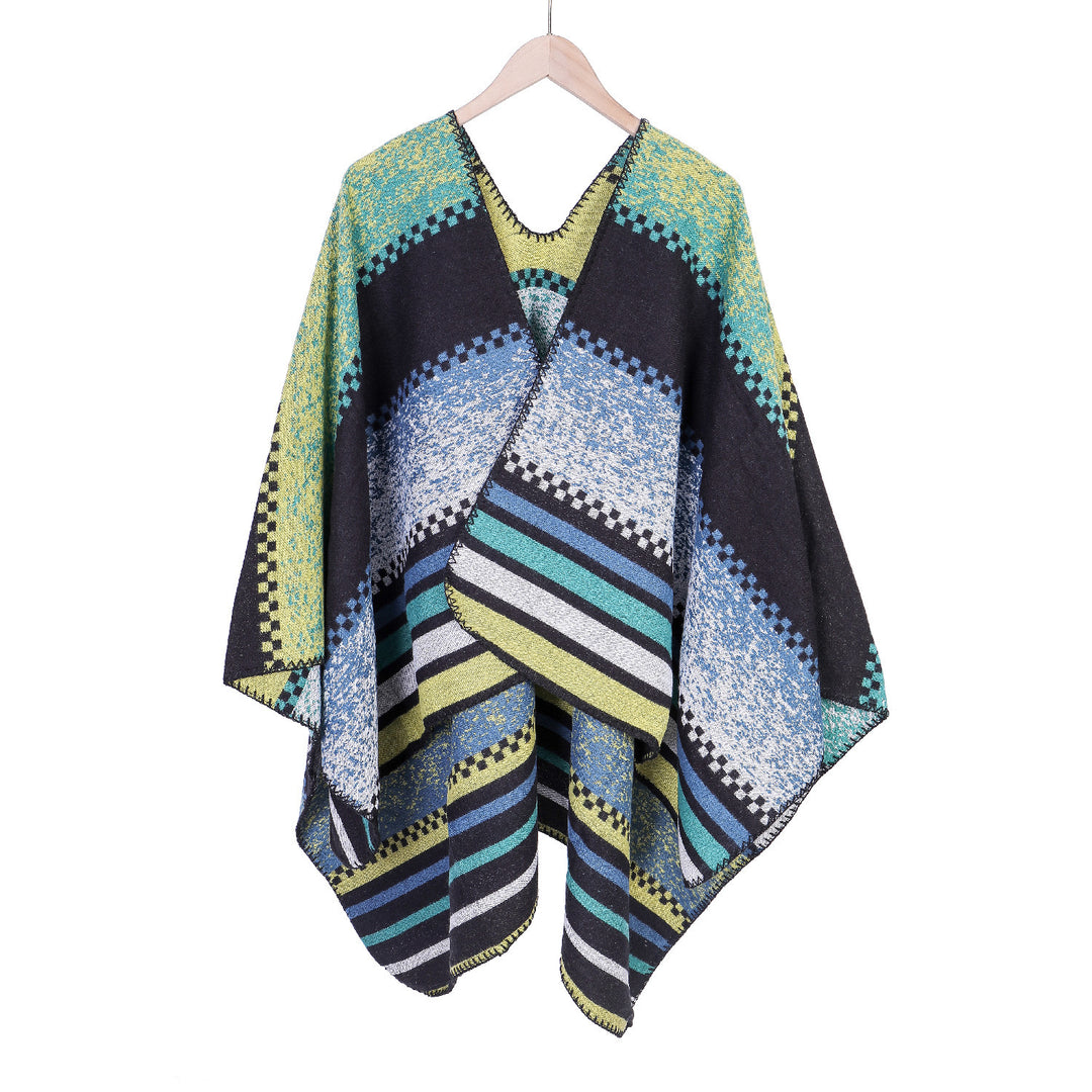 Damen Jacquard-Ruana Poncho im Oversize mit grafischem Streifen- und Ornamentmuster Drune