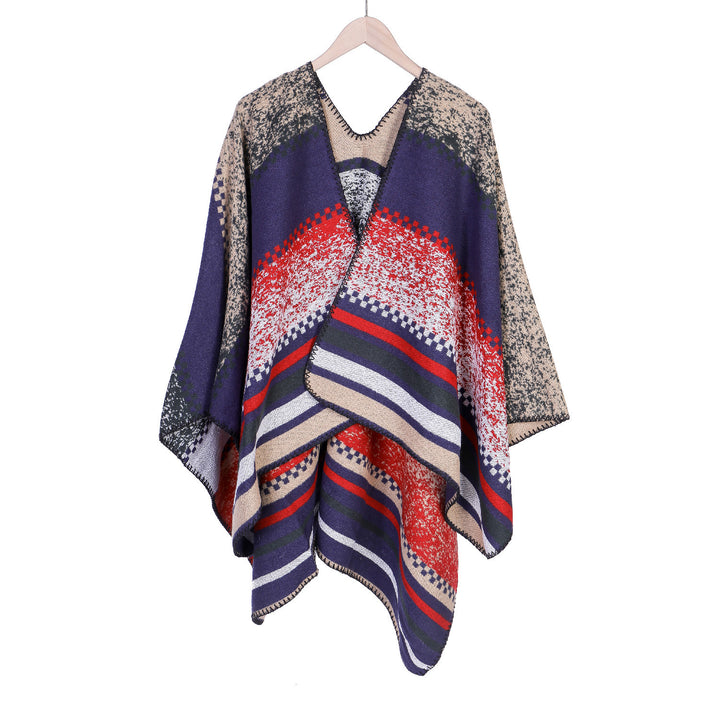 Damen Jacquard-Ruana Poncho im Oversize mit grafischem Streifen- und Ornamentmuster Drune