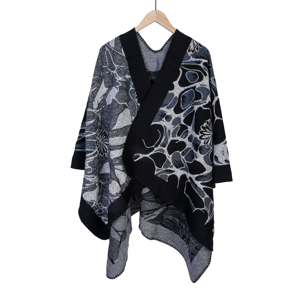 Damen Jacquard-Ruana-Poncho mit kontrastiertem Schalkragen und asymmetrischem Zipfelrand Drune
