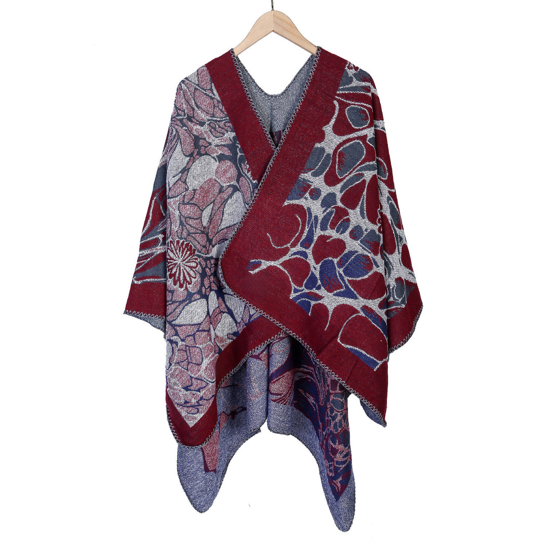 Damen Jacquard-Ruana-Poncho mit kontrastiertem Schalkragen und asymmetrischem Zipfelrand Drune
