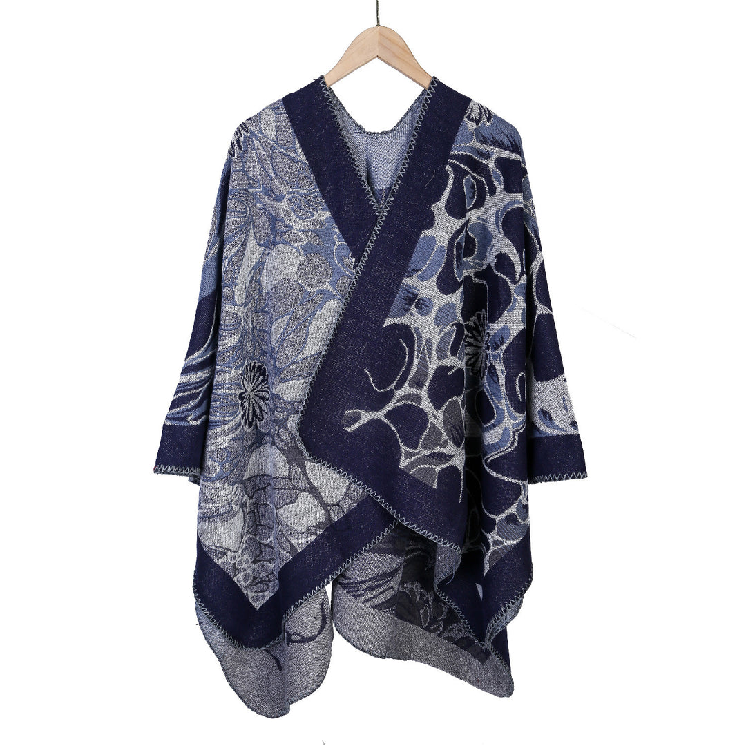 Damen Jacquard-Ruana-Poncho mit kontrastiertem Schalkragen und asymmetrischem Zipfelrand Drune