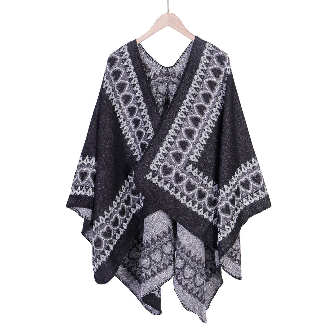 Damen Ruana im Kaschmir‑Touch mit Herz‑Jacquard und offenem V‑Fall Drune