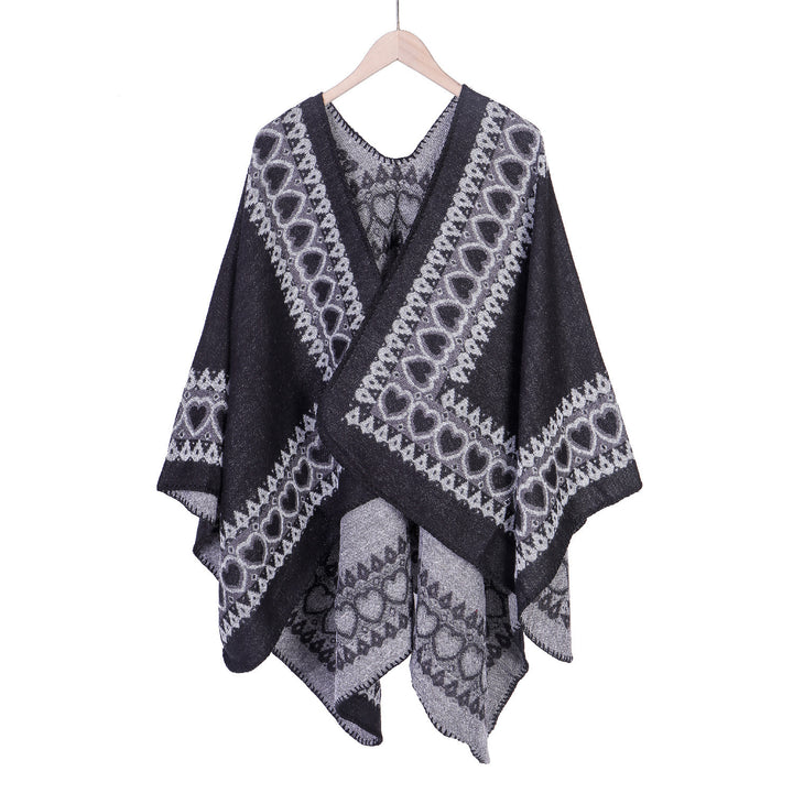 Damen Ruana im Kaschmir‑Touch mit Herz‑Jacquard und offenem V‑Fall Drune