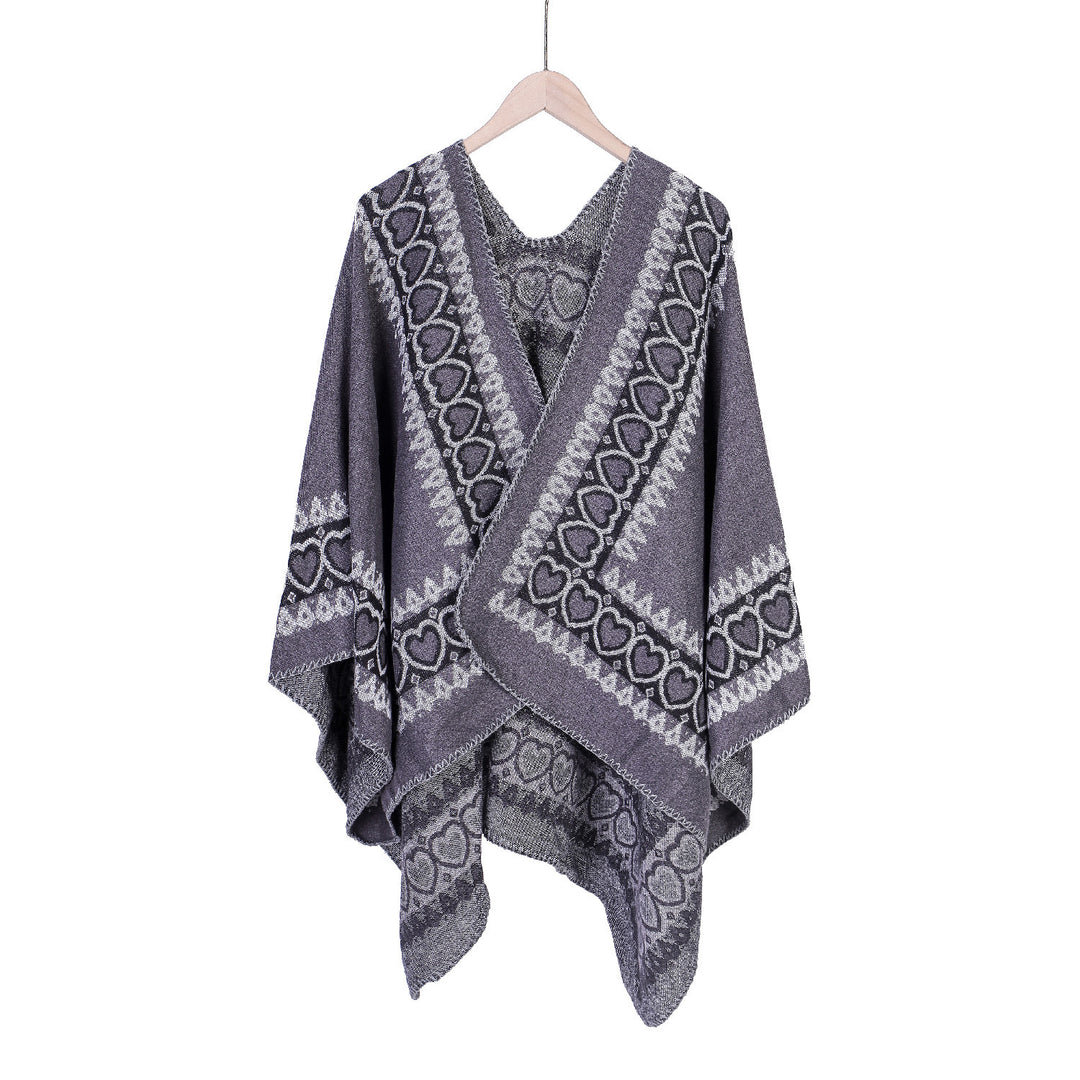 Damen Ruana im Kaschmir‑Touch mit Herz‑Jacquard und offenem V‑Fall Drune