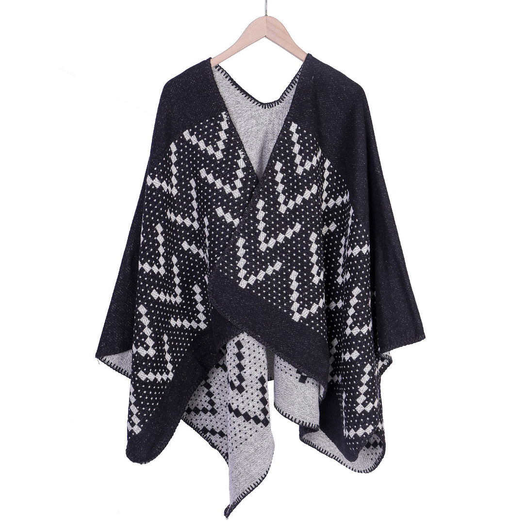 Damen Jacquard-Wickelruana mit geometrischem Muster und offener Kimono‑Silhouette Drune