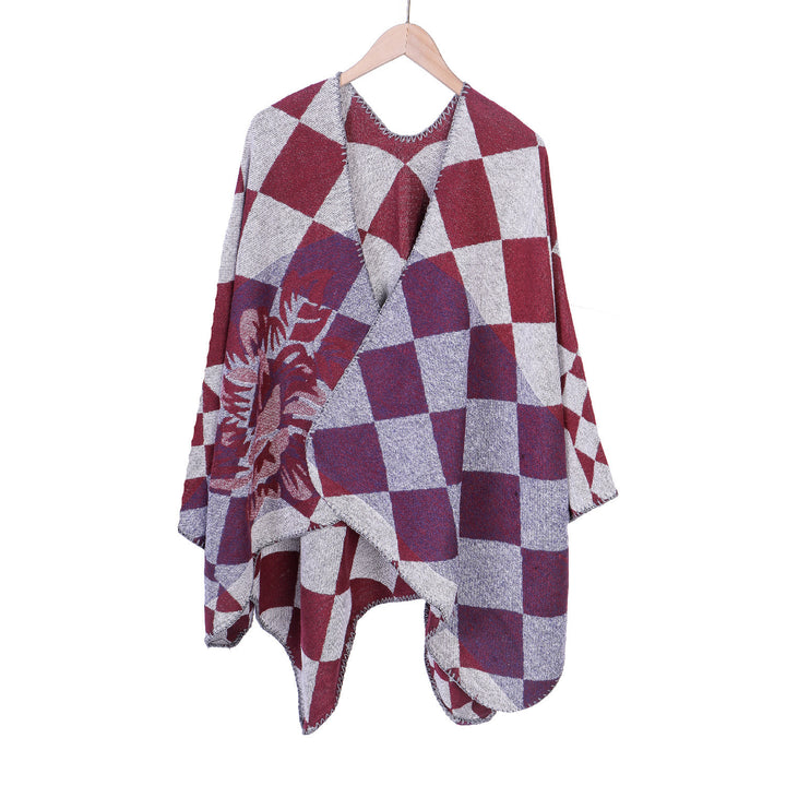 Damen Oversize-Ruana im Jacquard mit Karomuster und floralem Allover Drune