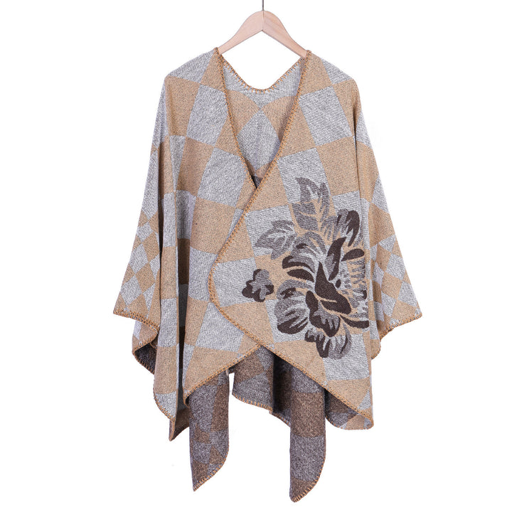 Damen Oversize-Ruana im Jacquard mit Karomuster und floralem Allover Drune