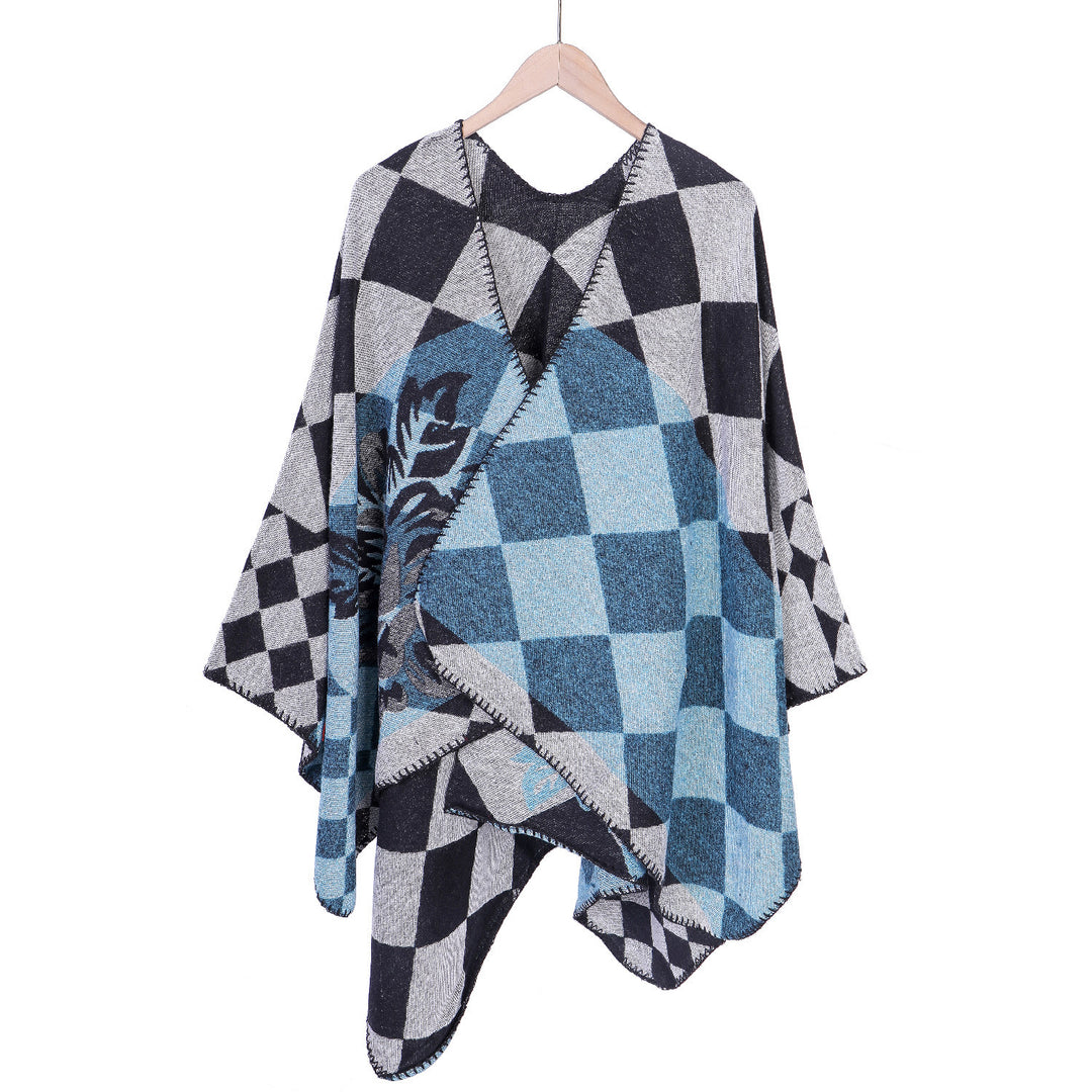 Damen Oversize-Ruana im Jacquard mit Karomuster und floralem Allover Drune