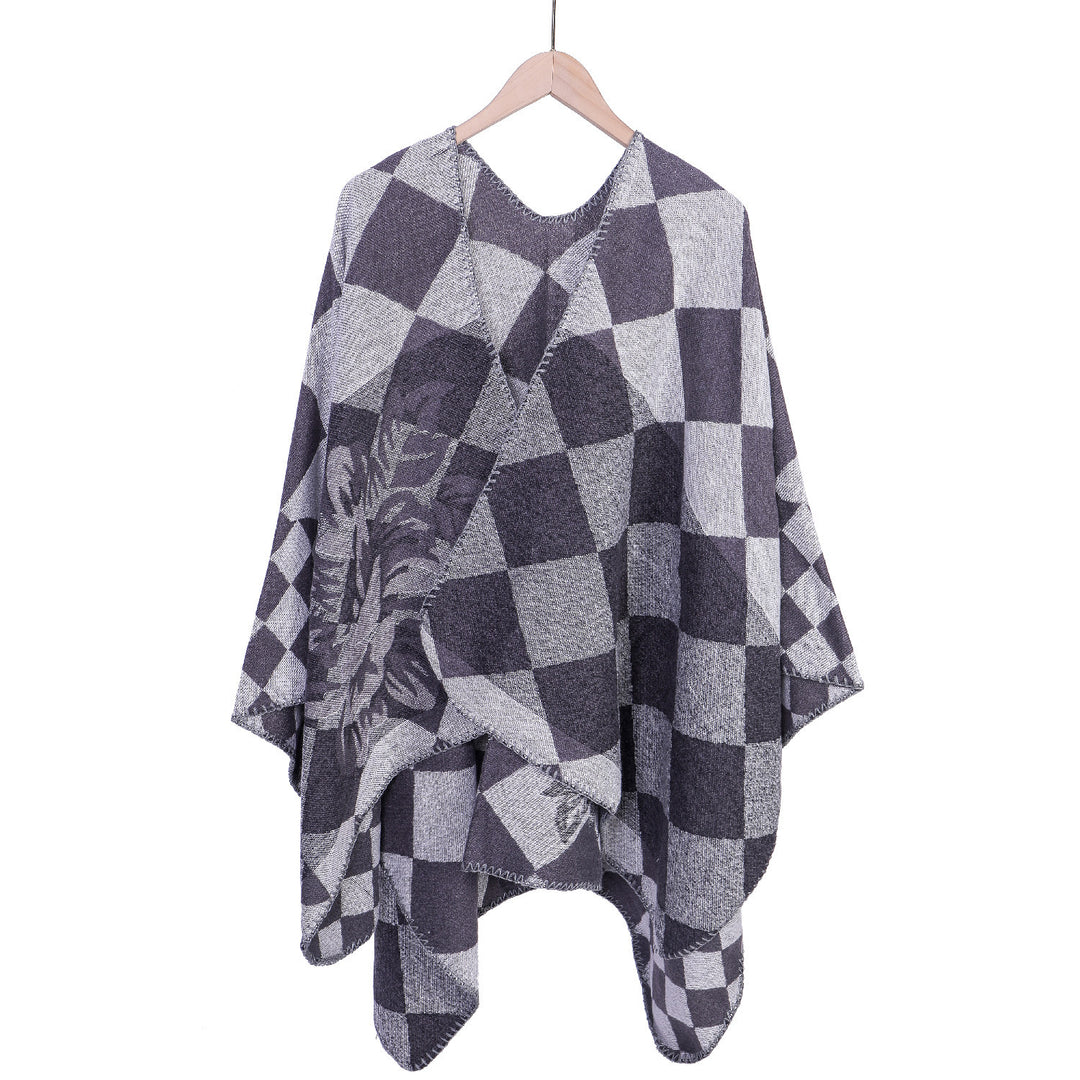 Damen Oversize-Ruana im Jacquard mit Karomuster und floralem Allover Drune
